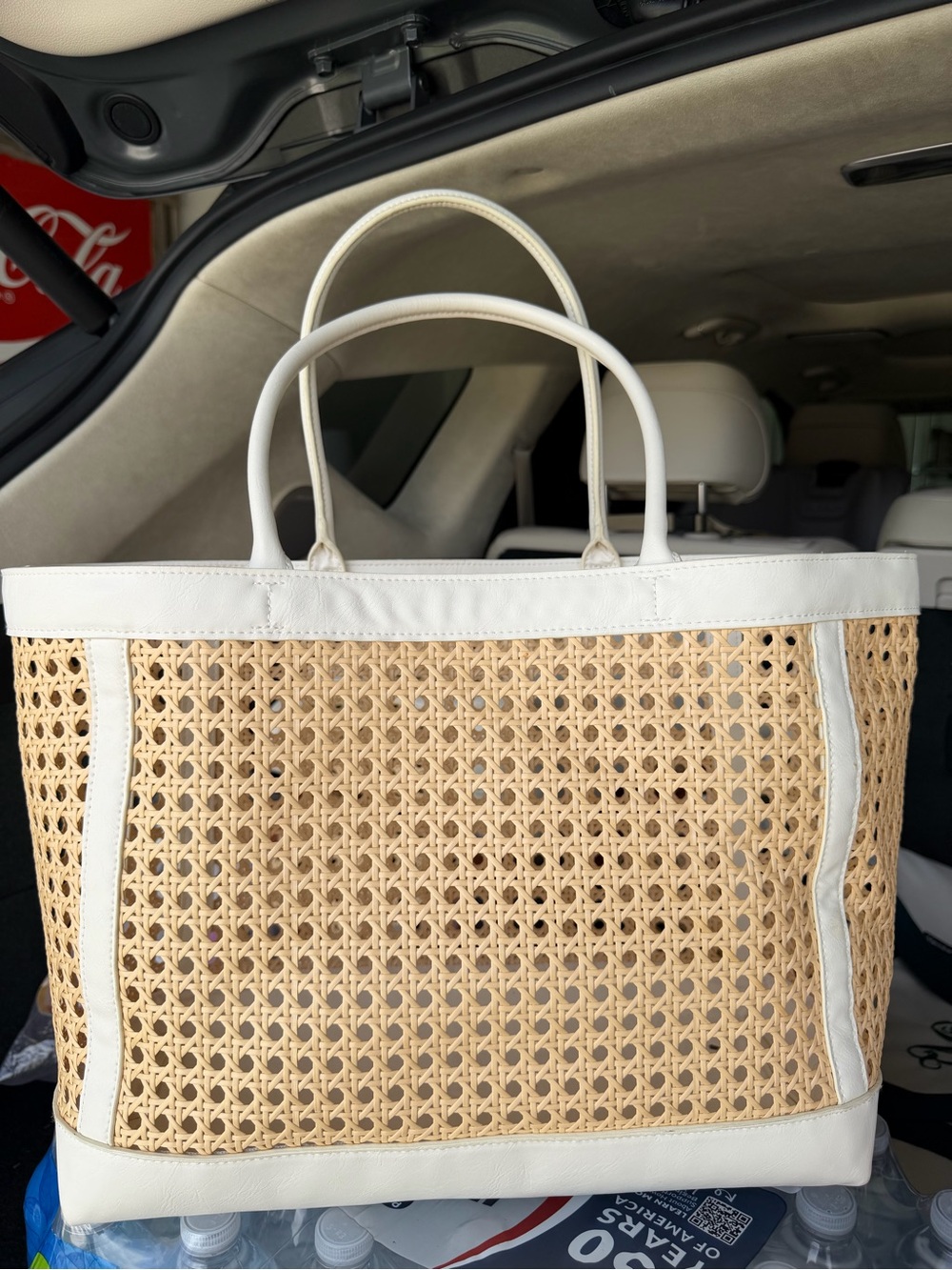 White Woven Leather & Rattan Look Tote Bag